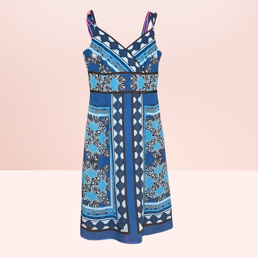Ann Taylor Silk Geometric Floral Sheath Boho Dress Blue Medallion Print Size 6